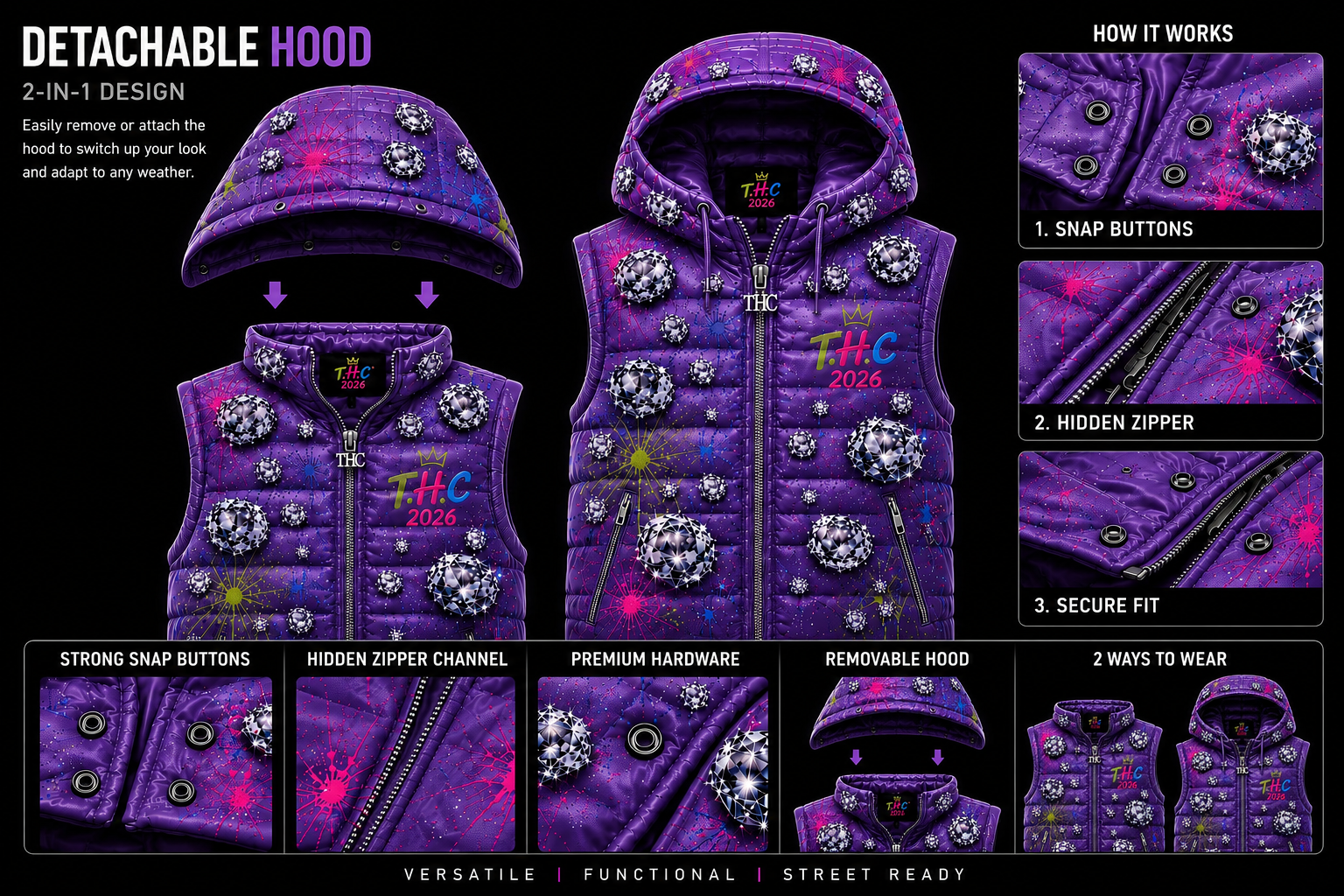 T.H.C 2026 “Diamond Edition” Detachable Hooded Puffer Vest (Purple)💎🔥