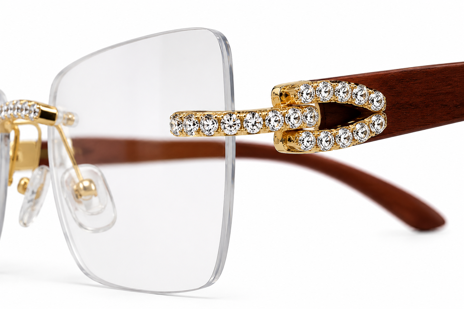 T.H.C Luxury Rimless Crystal Accent Glasses – Gold & Wood Frame